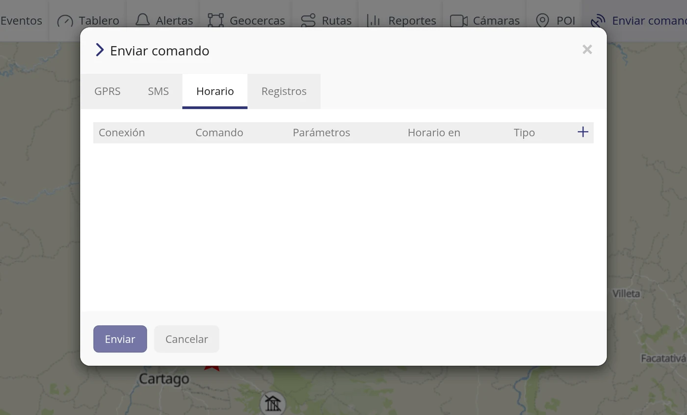 Abra Enviar comando y pase a Horario