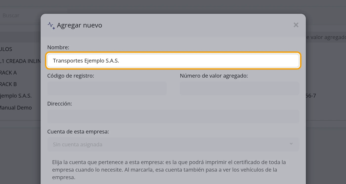 En Nombre, escriba la razón social