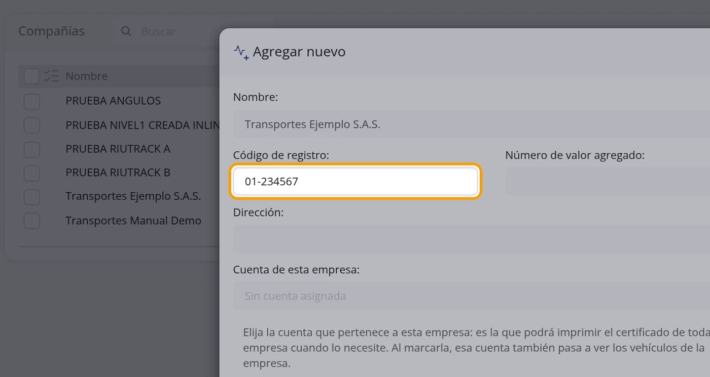 En Código de registro, el número de registro mercantil