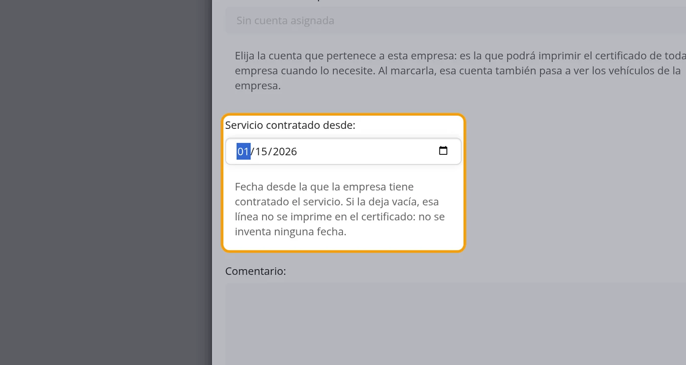 En Servicio contratado desde, la fecha de inicio