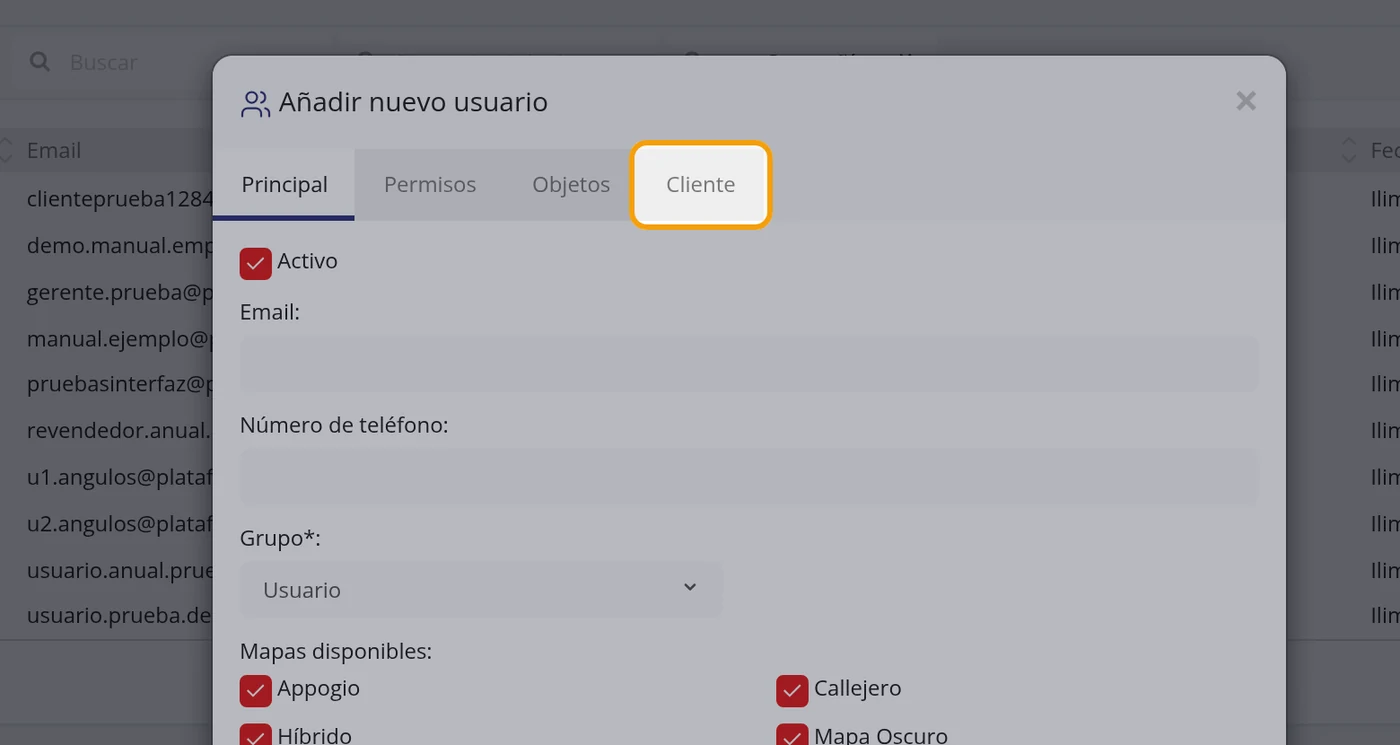 Abra la pestaña Cliente