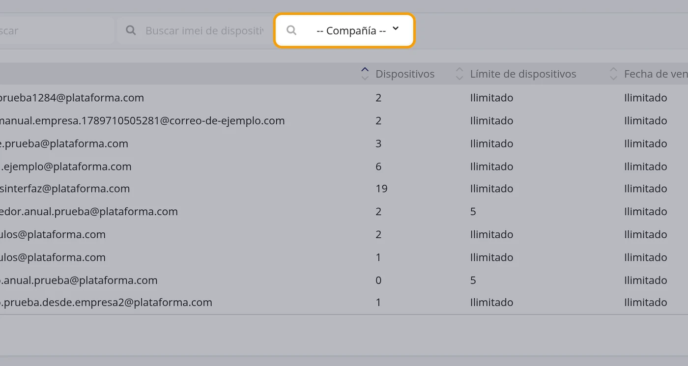 Para ver los usuarios de una compañía, use el filtro Compañía