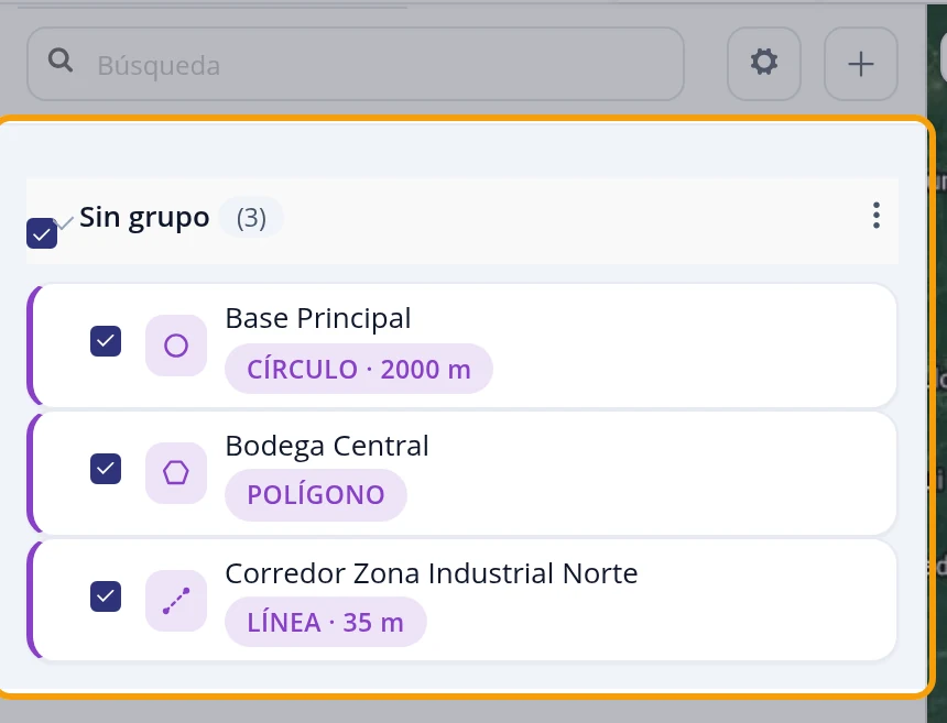 Mire el tipo y la medida de cada zona en la lista
