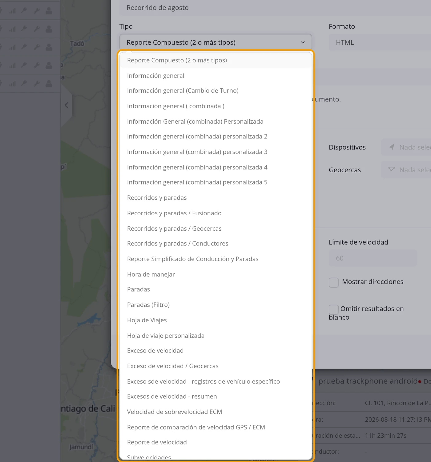 Abra el desplegable Tipo y busque el informe que quiere