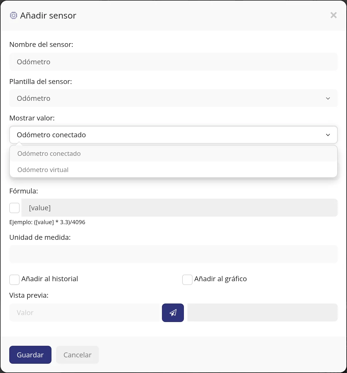 Elija en «Mostrar valor:» entre conectado y virtual