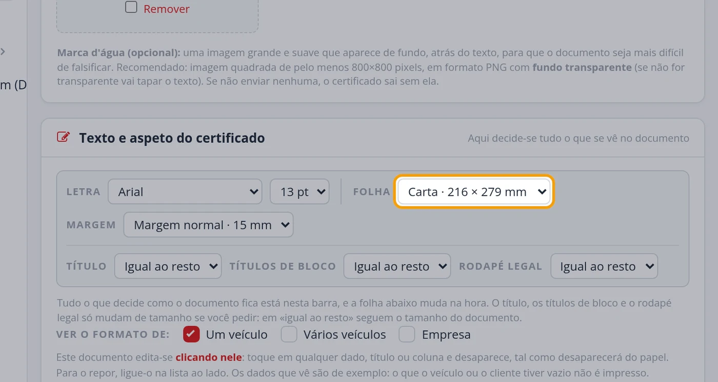 Escolha o tamanho da folha