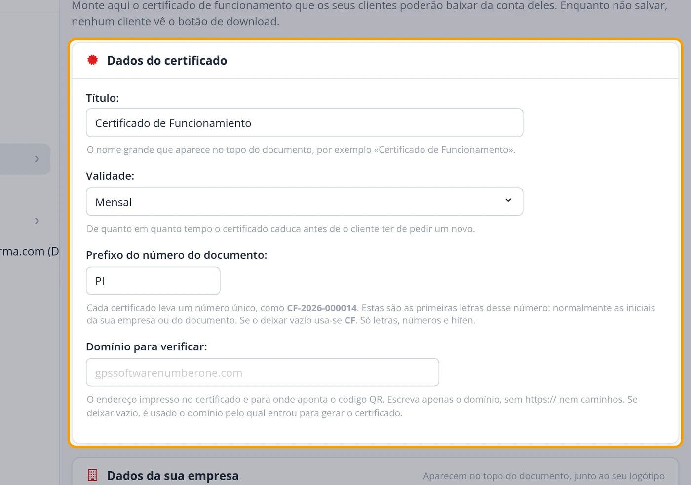 Preencha os Dados do certificado