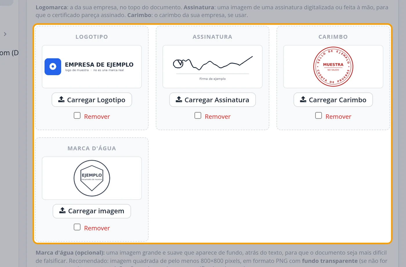 Suba o logo, a assinatura, o carimbo e a marca d'água