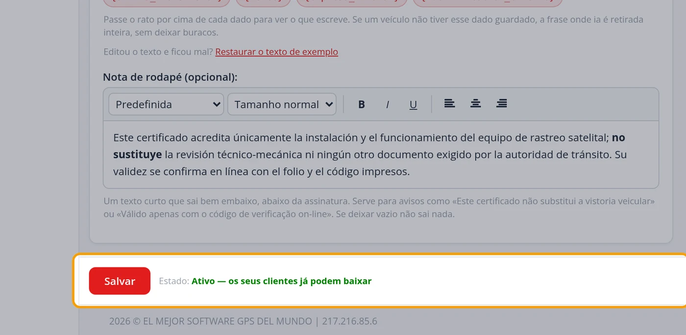 Clique em Salvar e veja o estado