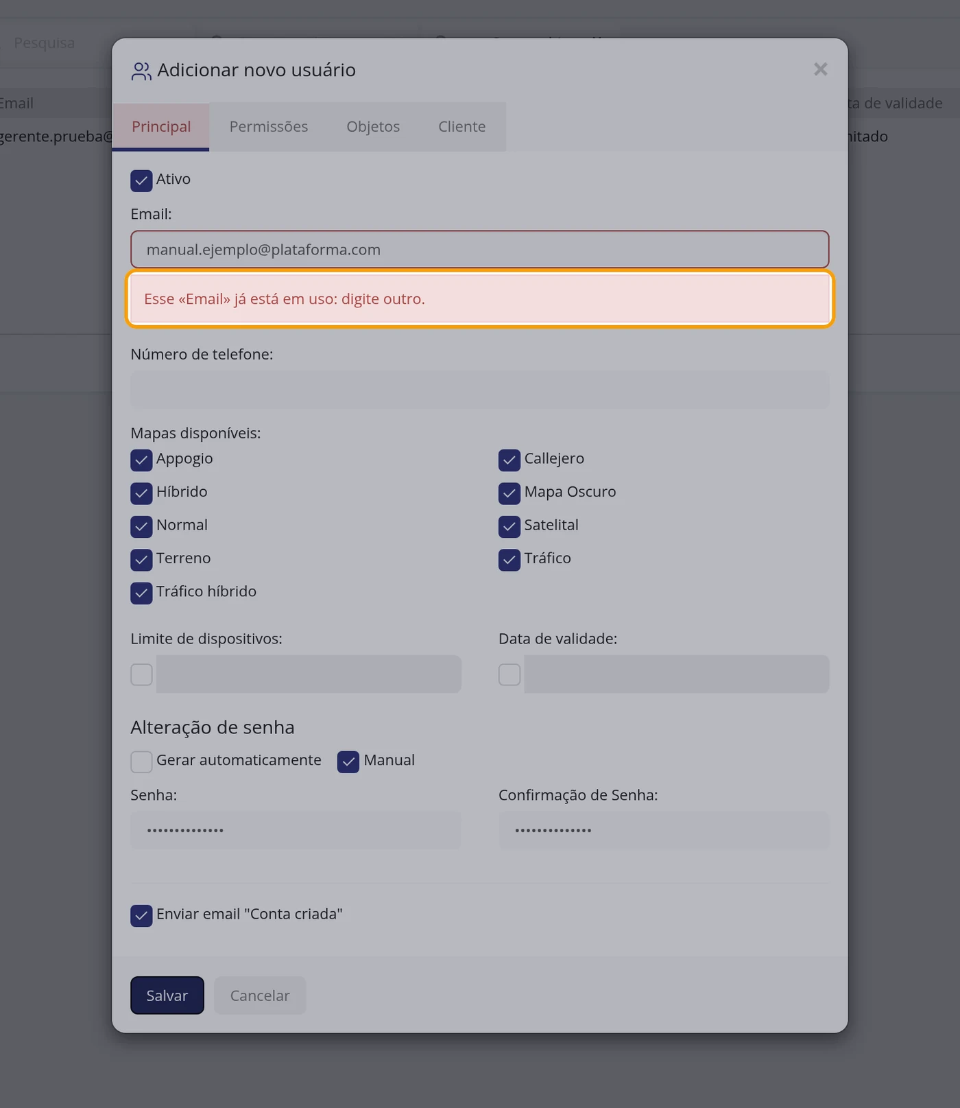 Se aparecer «Esse «Email» já está em uso: digite outro.»