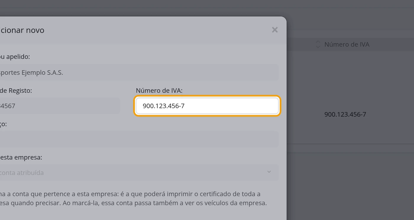 Em Número de IVA, a identificação fiscal