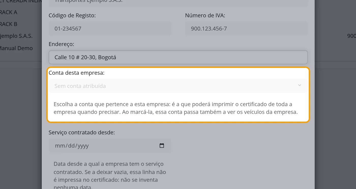 Em Conta desta empresa, escolha a conta do seu cliente