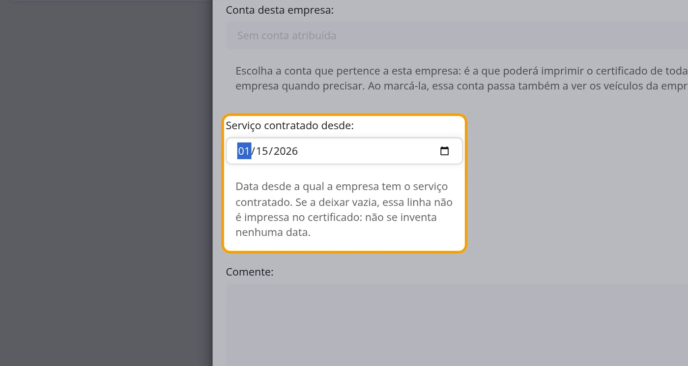 Em Serviço contratado desde, a data de início
