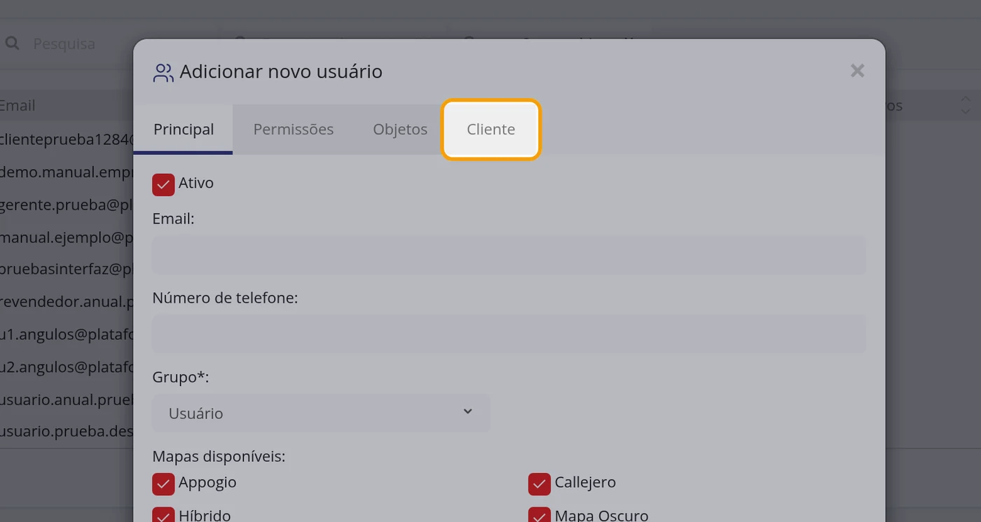 Abra a aba Cliente