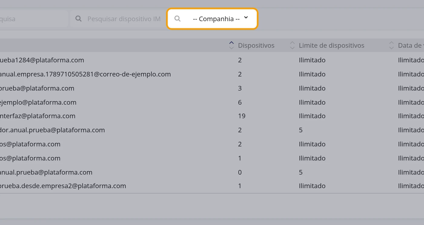 Para ver os usuários de uma empresa, use o filtro Companhia