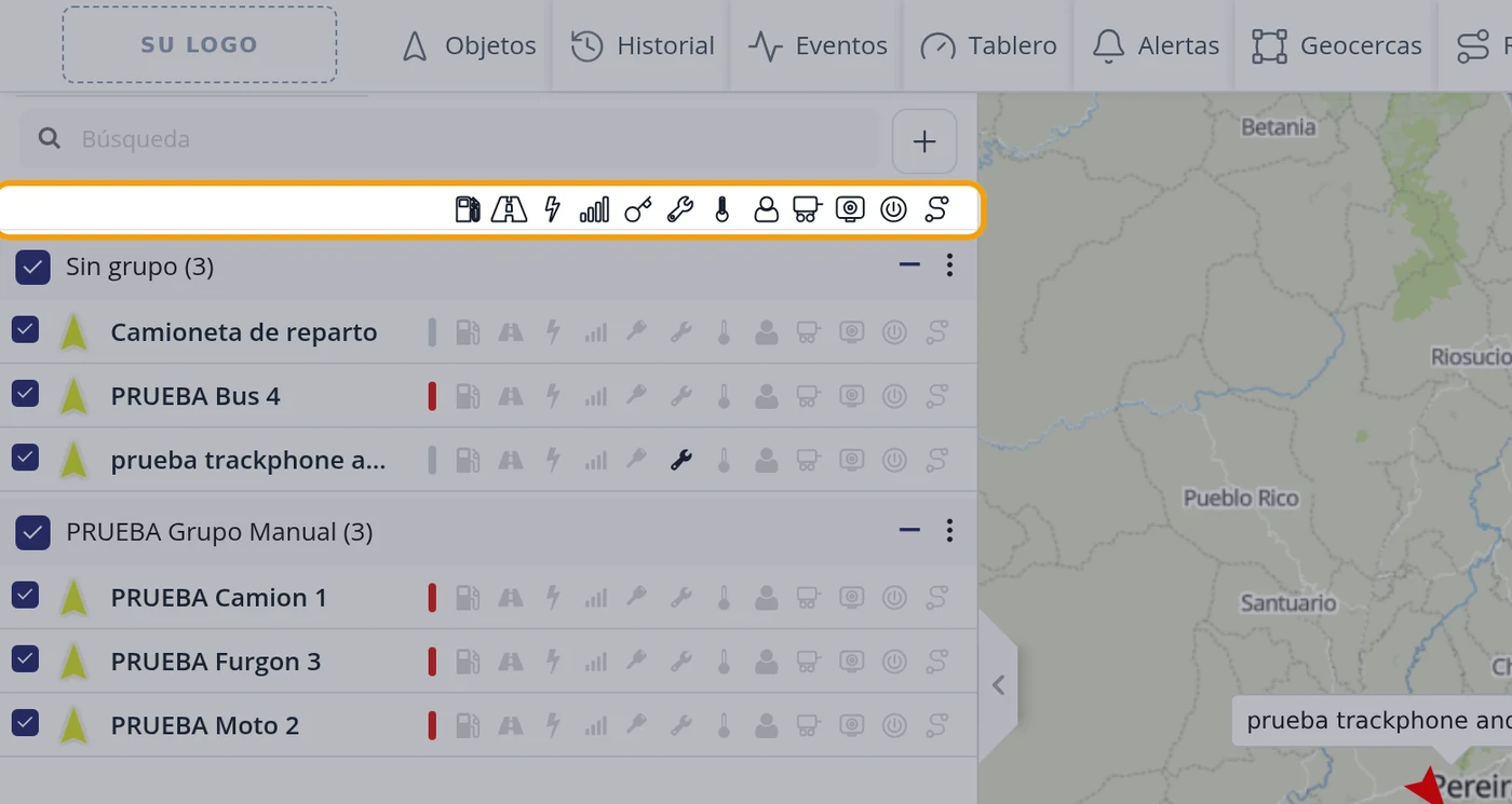 Los iconos de encima de la lista