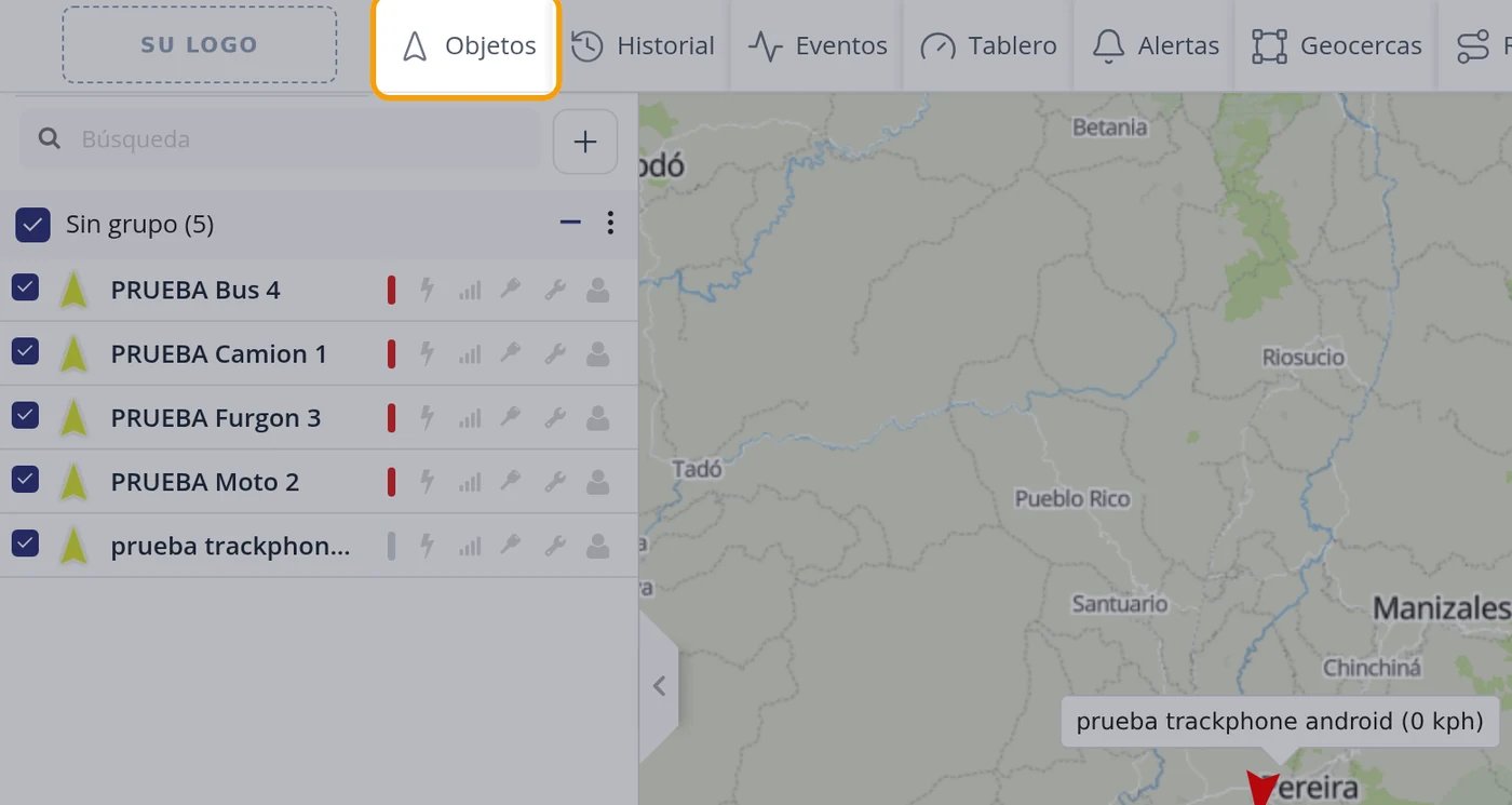 Pulse Objetos en la barra de arriba