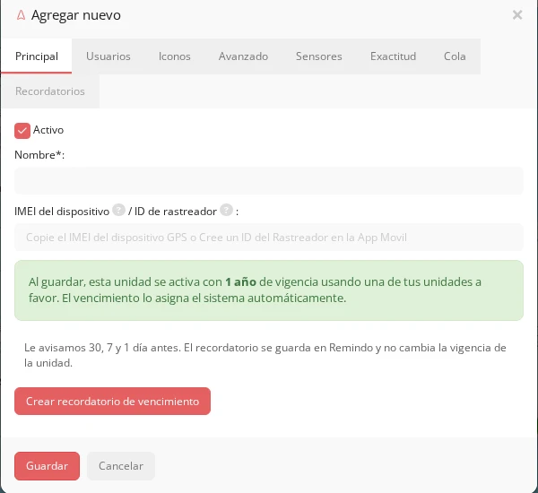 Pulse Usar 1 a favor y complete Nombre e IMEI