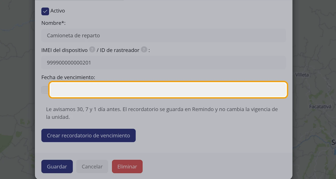 Abra la ficha del vehículo y busque la fecha de vencimiento