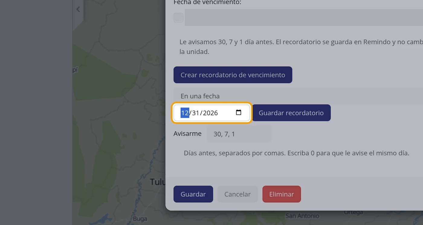 Ponga la fecha del vencimiento