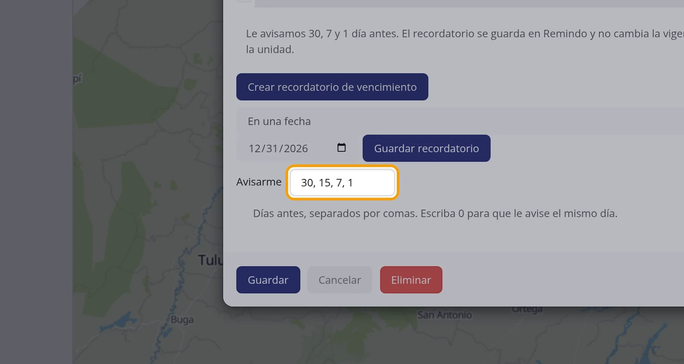 Escriba con cuántos días de antelación quiere el aviso